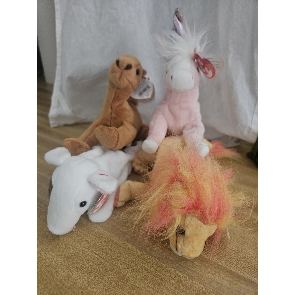 Lot Of 4 Ty Beanie Babies Unicorn, Camel, Lion, Dog